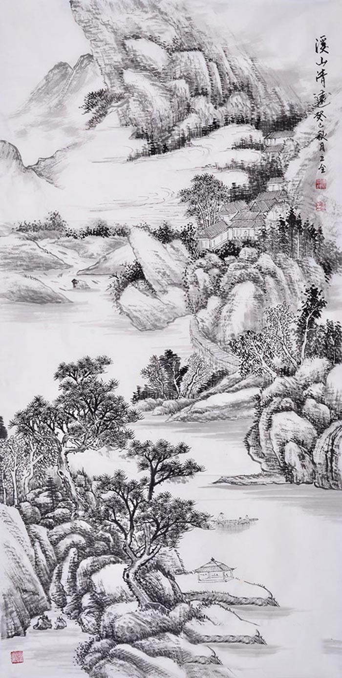辦公室裝修設計中公司辦公室前臺掛什么字畫好《溪山清遠》