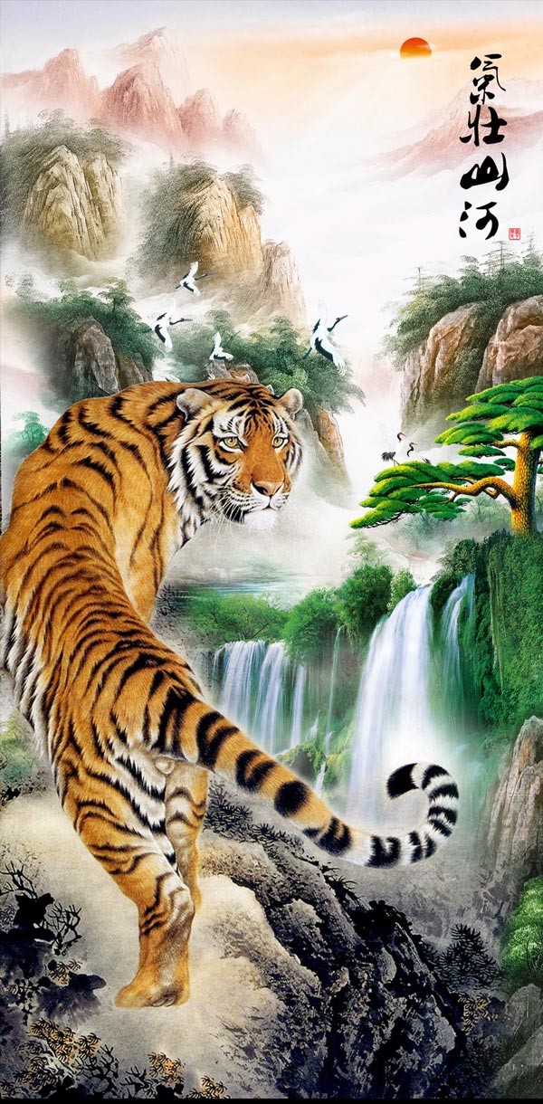 辦公室設計掛虎畫，上山虎和下山虎那種更適合